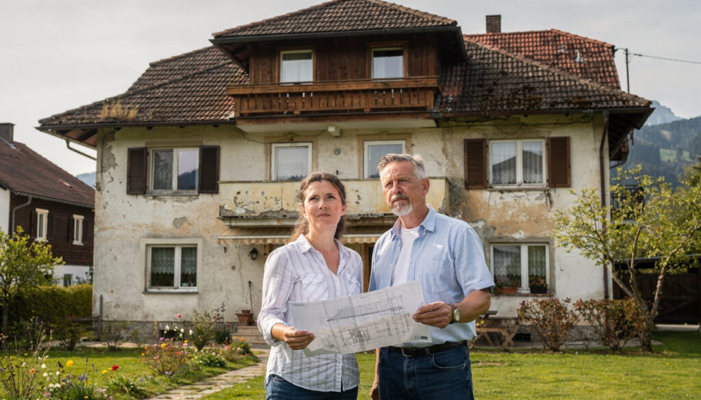 Eigentümer vor älterem Haus bei der Planung einer Haussanierung und typischen Fehlern vor Sanierungsbeginn