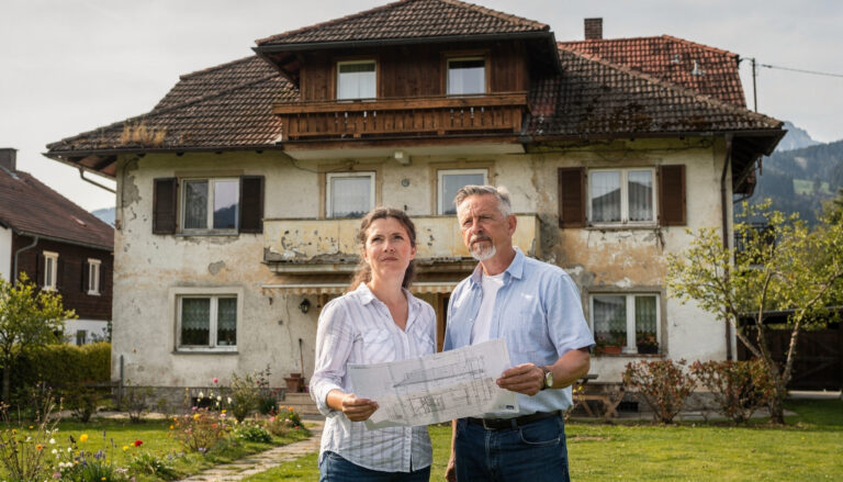 Eigentümer vor älterem Haus bei der Planung einer Haussanierung und typischen Fehlern vor Sanierungsbeginn